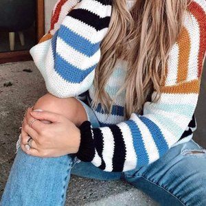 SOLD!!Women's Long-Sleeved Crew Neck, Striped Oversized Casual Pullover Sweater